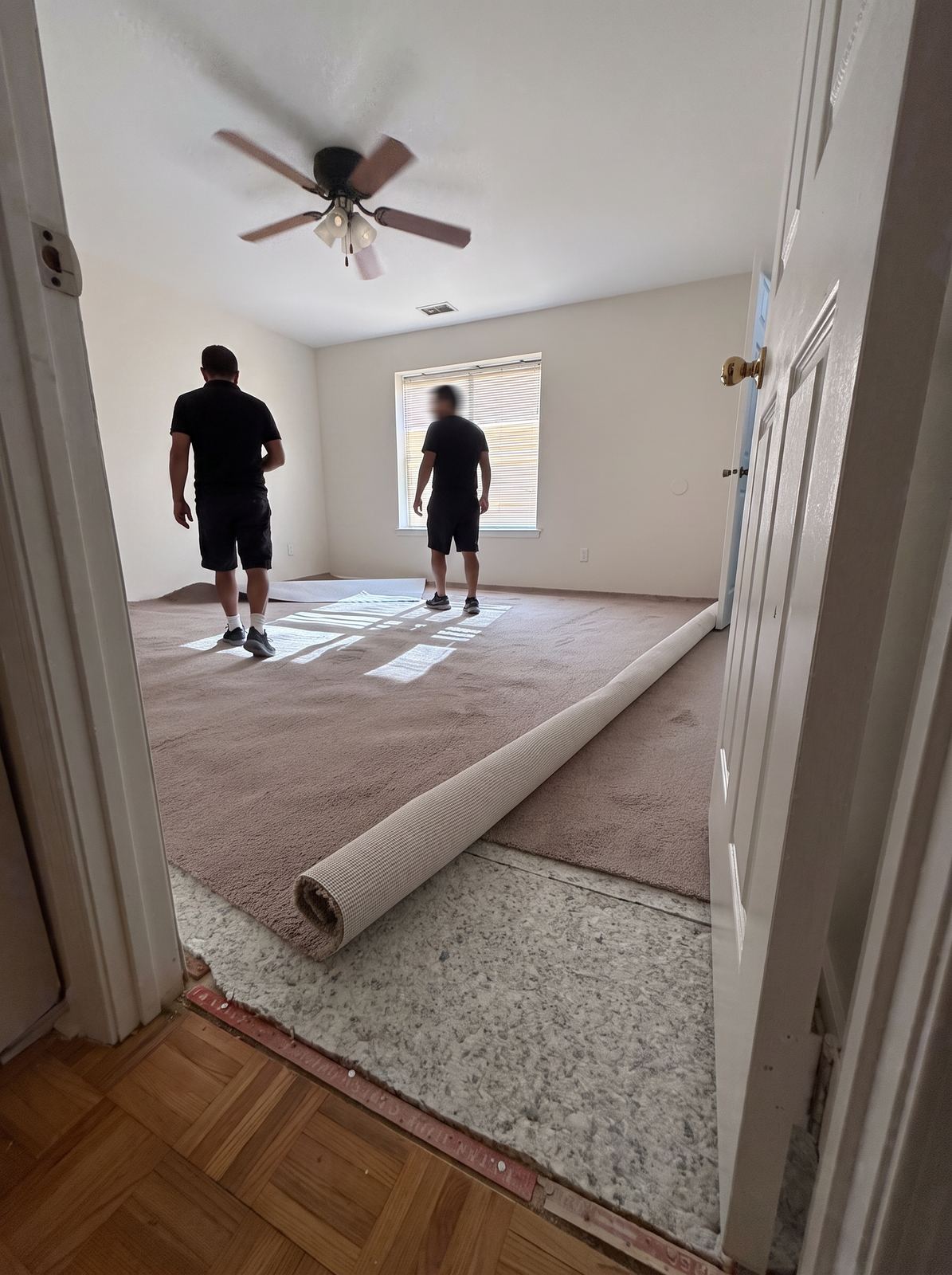 Apartment room mid-carpet-teardown, old carpet pulled up and subfloor exposed, in-progress make-ready work.