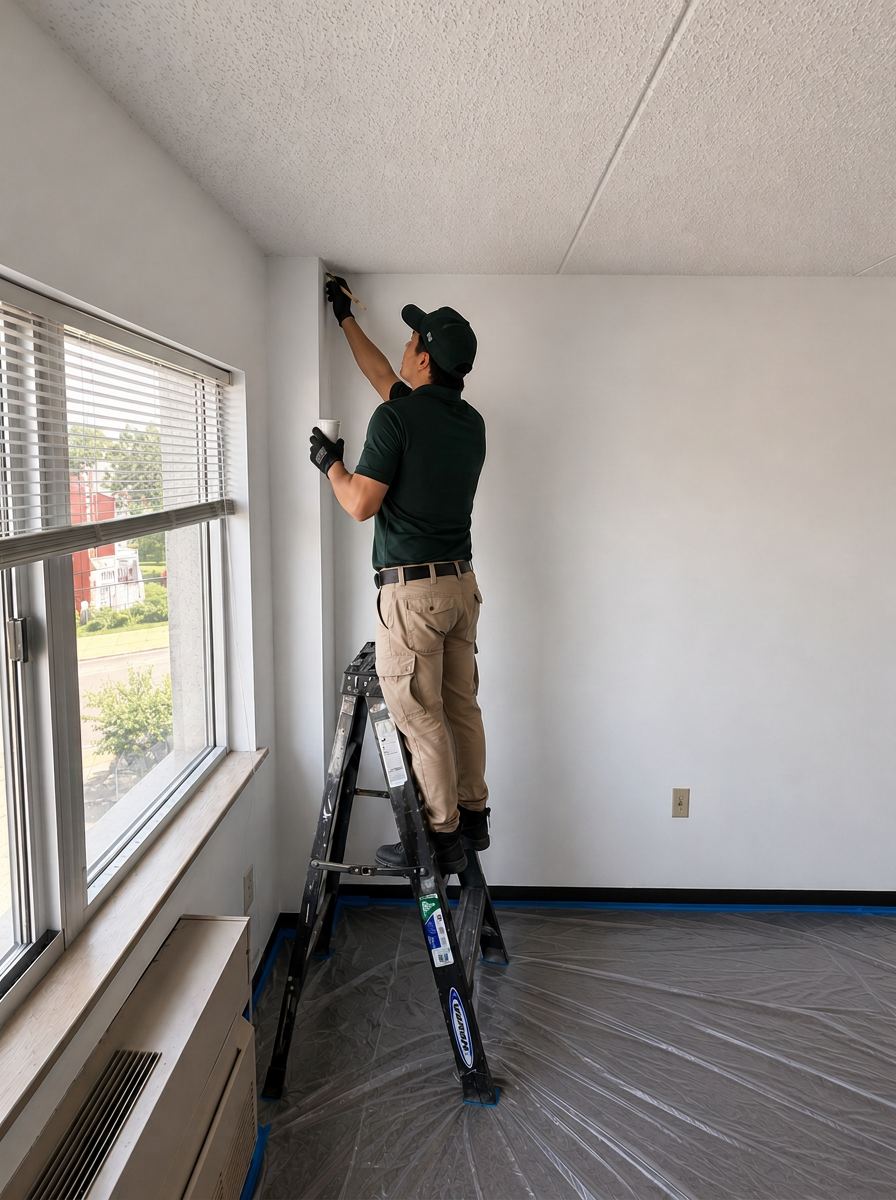 Painter cutting in a clean line where the wall meets the ceiling inside a tenant unit