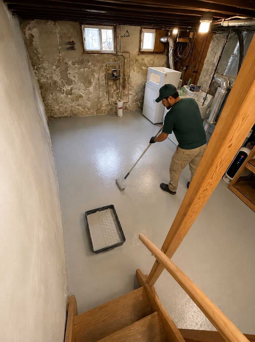 Worker rolling fresh floor coating across a basement slab